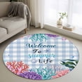 thumbnail image 1 of Summer Ocean Round Area Rugs 3 ft, Welcome to Life Color Coral Shell Blue Plaid Washable Small Area Rug with Non-Slip Sturdy Edge Binding Round Front Door Mat Floor Carpet for Entryway, 1 of 9