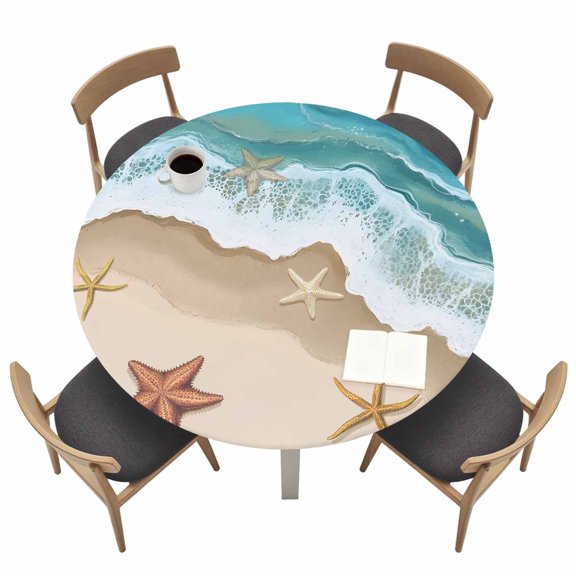 Summer Ocean Round Fitted Tablecloth Beach Spray Starfish Waterproof Elastic Stretch Table Cover for 36"-44" Round Table, Oil Proof Tablecloth for Picnic Party Dinner