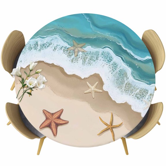 Summer Ocean Round Fitted Tablecloth with Elastic Edge, Beach Spray Starfish Stretch Table Covers for 55"-60" Tables Wipeable Table Cloth for Outdoor