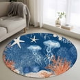thumbnail image 1 of Summer Ocean Round Living Room Rugs 3.3 ft, Coastal Jellyfish Orange Corals Shells Dark Blue Washable Area Rug with Non-Slip Sturdy Edge Binding Round Front Door Mat Floor Carpet for Entryway, 1 of 9