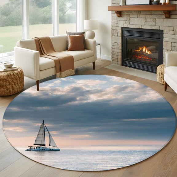 Summer Ocean Round Living Room Rugs 6 ft, Blue Sea Sky Dark Cloud Nautical Sailboat Seascape Washable Area Rug with Non-Slip Sturdy Edge Binding Round Carpet for Kitchen Office Bedroom