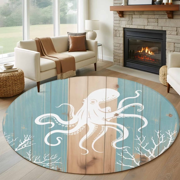 Summer Ocean Round Living Room Rugs 6 ft, Sea Octopus White Coral Silhouette Retro Wood Grain Washable Area Rug with Non-Slip Sturdy Edge Binding Round Carpet for Kitchen Office Bedroom