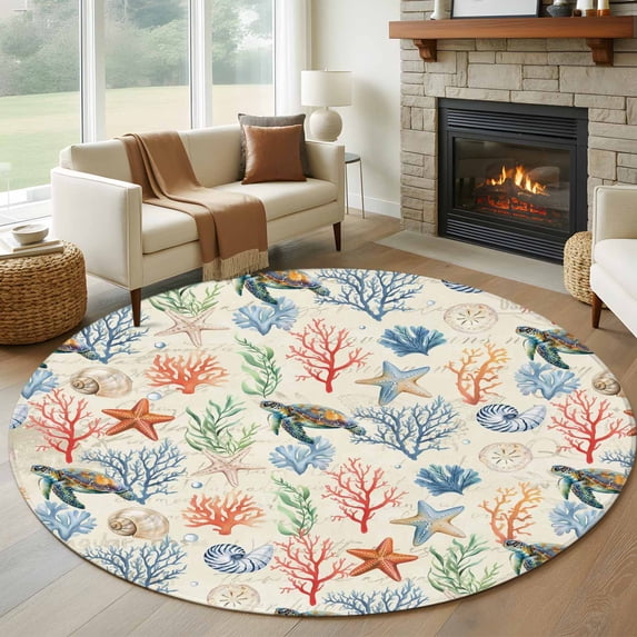Summer Ocean Round Living Room Rugs 7 ft, Vintage Nautical Sea Turtles Shells Corals Starfish Washable Area Rug with Non-Slip Sturdy Edge Binding Round Carpet for Kitchen Office Bedroom