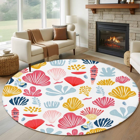 Summer Ocean Round Living Room Rugs 7 ft, Yellow Shell Coral Nautical Abstract Washable Area Rug with Non-Slip Sturdy Edge Binding Round Carpet for Kitchen Office Bedroom
