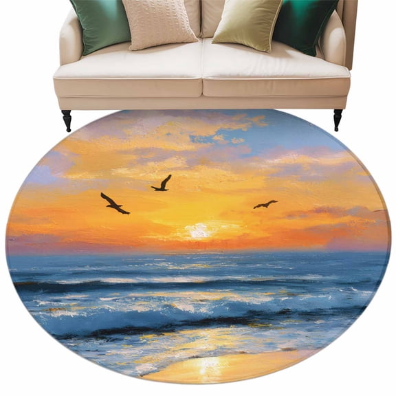 Summer Ocean Round Rug 8ft Washable Circle Rugs Non Slip Watercolor Waves Sunset Sky Oil Painting Art Large Area Rug Indoor Carpet for Bedroom Kitchen Living Room Home Office Dining Room Nursery