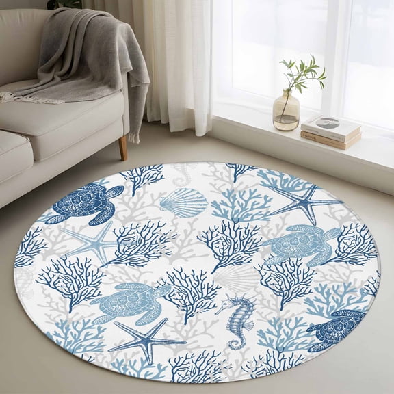 Summer Ocean Round Rugs for Living Room 3ft Blue Coral and Sea Turtle Non Slip Circle Rug Washable Low-Profile Indoor Carpet for Bedroom, Dining Room, Bathroom