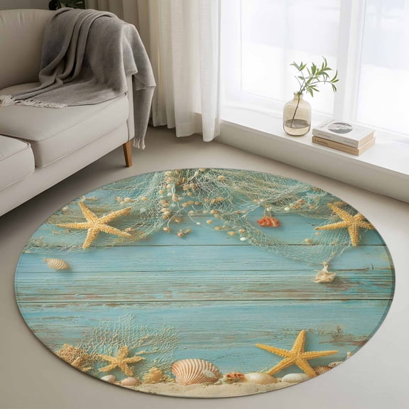 Summer Ocean Round Rugs for Living Room 3ft Seaside Fishing Nets Starfish Shell Teal Wood Grain Non Slip Circle Rug Washable Low-Profile Indoor Carpet for Bedroom, Dining Room, Bathroom