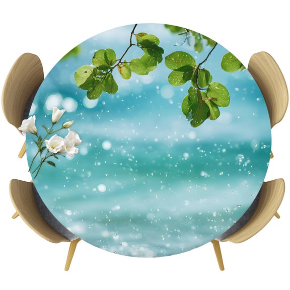 Summer Ocean Round Tablecloth 36-44 Inch Round Fitted Table Cloth with Elastic Edge, Nature Coastal Sea Waves Green Leaf Landscape Waterproof Table Cover Protector for Outdoor Picnic Party Dining