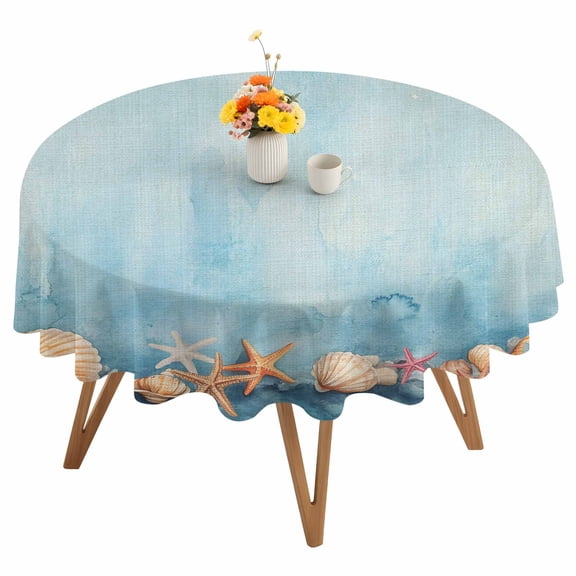 Summer Ocean Round Tablecloth 54 inches Watercolor Starfish Shell Linen Texture Waterproof Oil-Proof Table Cloth Round Table Cover for Holiday Party Picnic Dinner Decor Indoor and Outdoor Use