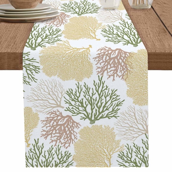 Summer Ocean Sage Green Orange Coral Table Runner-36 Inch Long Tropical Seaweed Table Runners Linen Burlap Tablerunner for Kitchen Dining Room Holiday Party