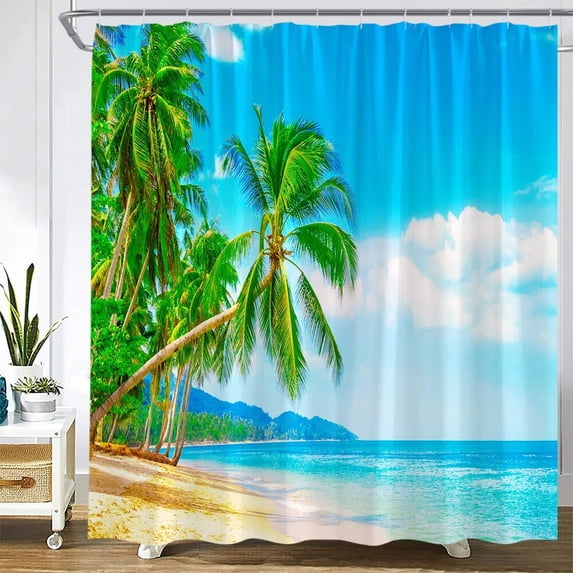 Summer Ocean Scenery Shower Curtains Dusk Beach Coconut Trees Sea Waves Nature Landscape Bath Curtain Fabric Bathroom Decor Sets