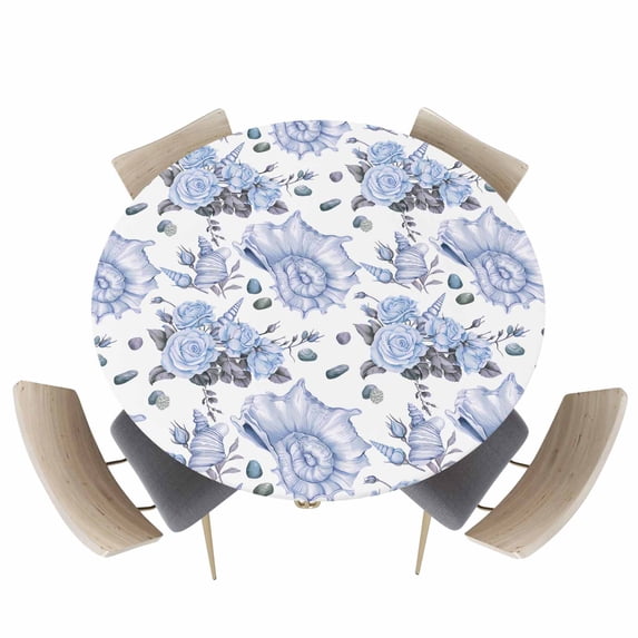 Summer Ocean Sea Shell Flower Fitted Round Tablecloths Elastic Edged Table Covers 36"-44",Seamless Conch Nautilus on White Waterproof Dining Room Kitchen Table Cloth for Holiday Party Tables Decor