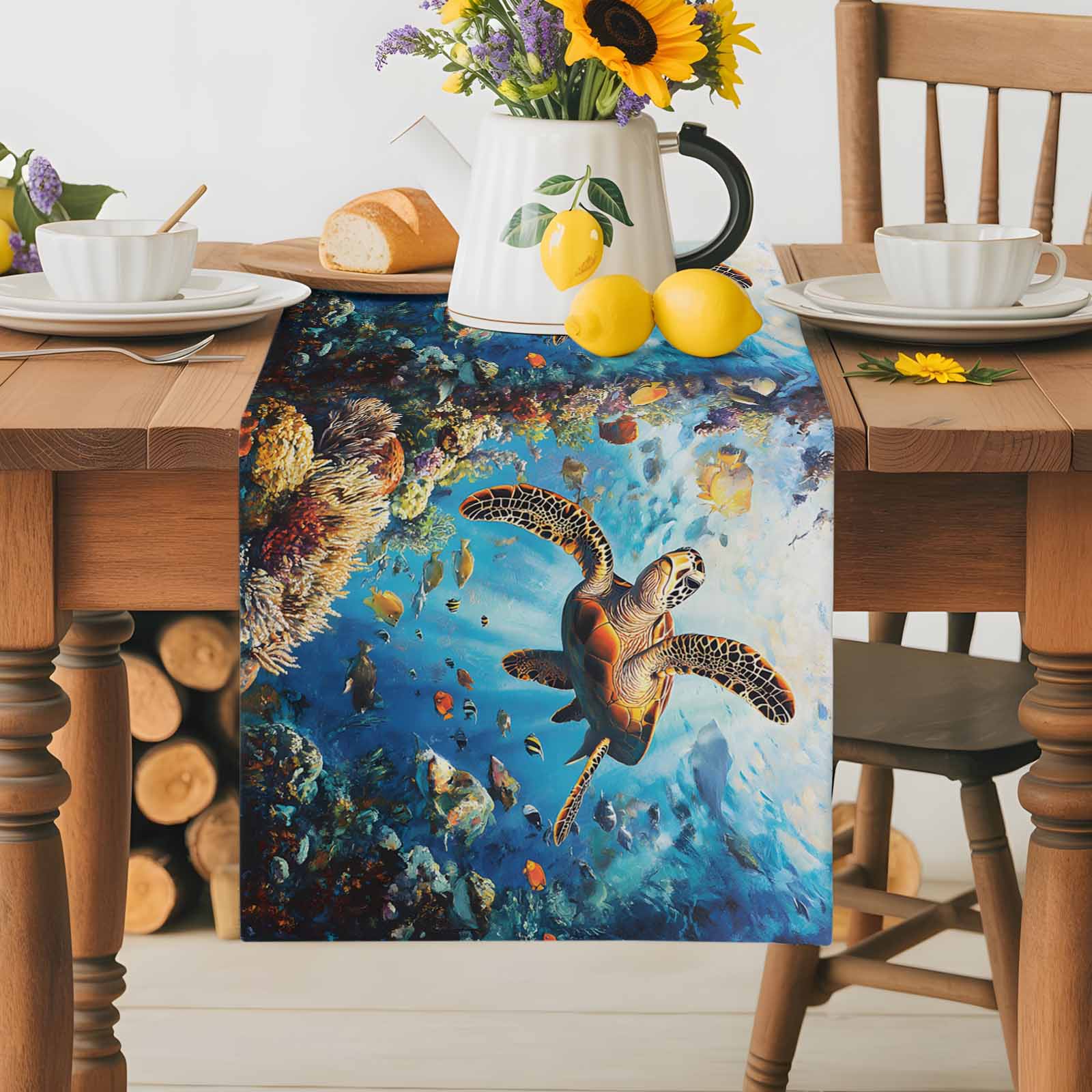 Summer Ocean Sea Turtle Table Runners 13x36 Inches Long Linen Burlap ...
