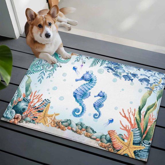 Summer Ocean Seahorse Front Door Rugs 2x3 ft Nautical Colorful Sea Fish Octopus Coral Bubble Small Rug for Entryway Non Slip Washable Bathroom Door Mat Absorbent Floor Mat for Indoor Entrance