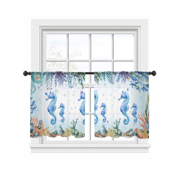 Summer Ocean Seahorse Sheer Curtains 45 Inch Long 2 Panels, Nautical Colorful Sea Fish Octopus Coral Bubble Light Filtering Rod Pocket Curtains, Sheer Voile Drapes for Living Room Bedroom, 52"x45"