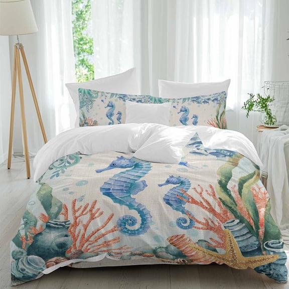 Summer Ocean Seahorse Twin Size Comforter Set, Nautical Colorful Sea Fish Octopus Coral Linen Bedding for All Seasons, 4 Pcs Bed Set, 1 Quiltcover (68"x86") ,1Sheet(67"x116"), 2Pillowcases (30"x20")