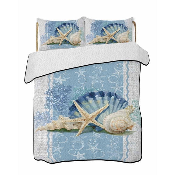 Summer Ocean Seashell Quilts Bedding Set California King Blue Sea Shell Starfish Coral Linen Lightweight Quilted Bedspread 3 Piece Bed Quilt with 2 Pillow Shams All Season for Bedroom 96" x 106"