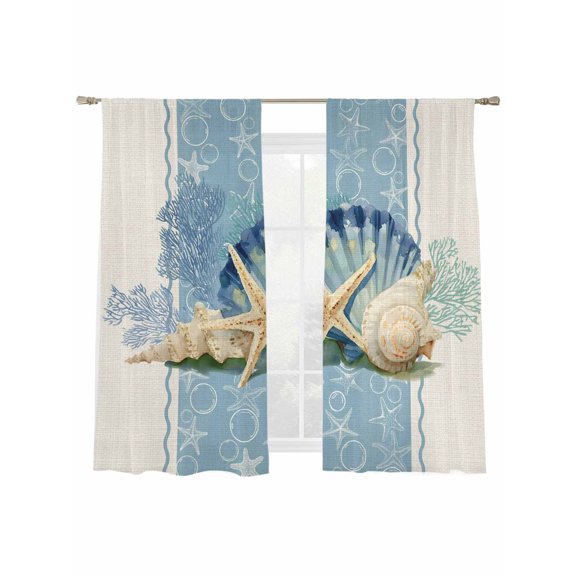 Summer Ocean Seashell Sheer Curtains 2 Panels Set Blue Sea Shell Starfish Coral Bubble Linen Sheer Window Curtains Light Filtering Rod Pocket Voile Drapes for Bedroom Living Room 52"x63"