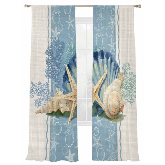 Summer Ocean Seashell Sheer Curtains 2 Panels Set Blue Sea Shell Starfish Coral Bubble Linen Sheer Window Curtains Light Filtering Rod Pocket Voile Drapes for Bedroom Living Room 52"X84"