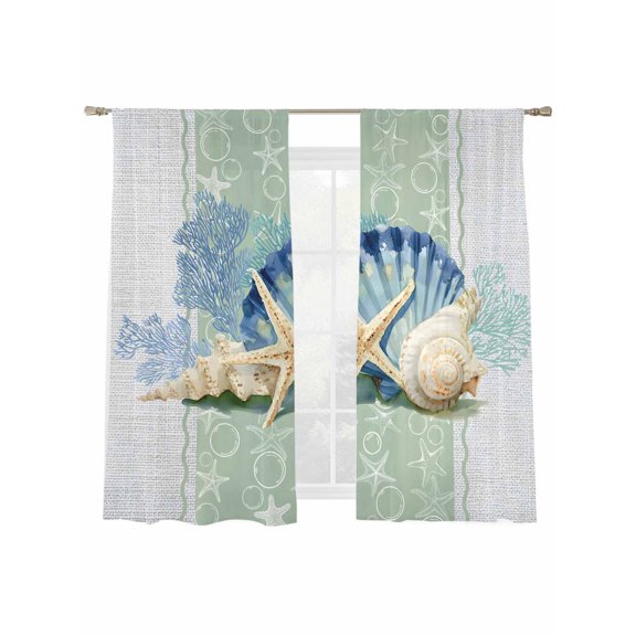 Summer Ocean Seashell Sheer Curtains 2 Panels Set Green Sea Shell Starfish Coral Bubble Linen Sheer Window Curtains Light Filtering Rod Pocket Voile Drapes for Bedroom Living Room 52"x63"