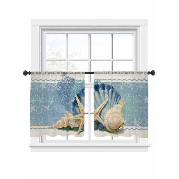 Summer Ocean Seashell Sheer Curtains 45 Inch Long 2 Panels, Blue Sea Shell Starfish Coral Bubble Linen Light Filtering Rod Pocket Curtains, Sheer Voile Drapes for Living Room Bedroom, 52"x45"