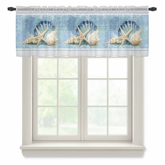 Summer Ocean Seashell Sheer Valances for Windows, Blue Sea Shell Starfish Coral Linen Semi Sheer Kitchen Valance Rod Pocket Small Voile Window Curtains for Living Room Bedroom 54 x 18 Inch