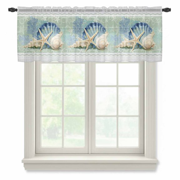 Summer Ocean Seashell Sheer Valances for Windows, Green Sea Shell Starfish Coral Bubble Linen Semi Sheer Kitchen Valance Rod Pocket Small Voile Window Curtains for Living Room Bedroom 42 x 18 Inch