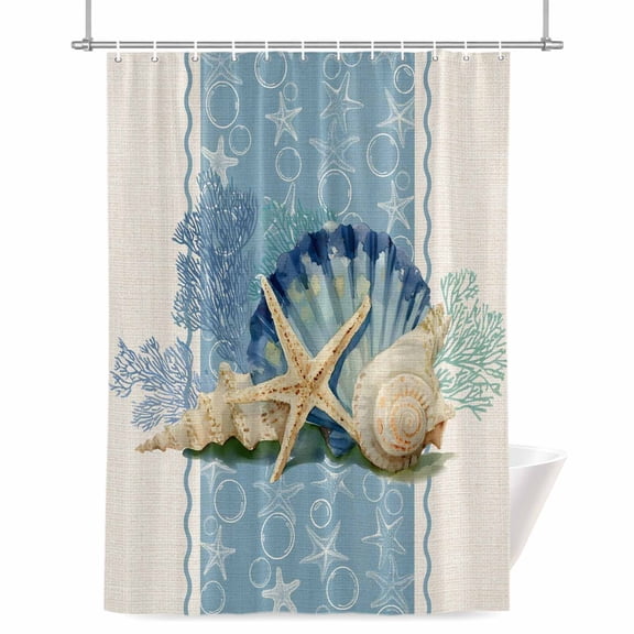 Summer Ocean Seashell Shower Curtain, 36" x 72", Blue Sea Shell Starfish Coral Bubble Linen Waterproof Bathroom Curtain Washable Shower Curtain Set with 12 Hooks