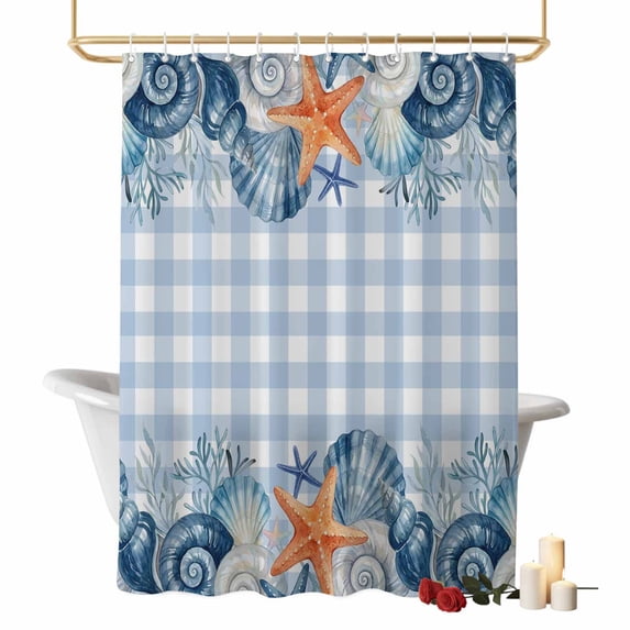 Summer Ocean Seashell Shower Curtains for Bathroom, Nautical Sea Watercolor Blue Starfish Coral Plaid Washable Fabric Shower Curtain with Hooks Waterproof Bathroom Decor Sets, 36 x 78 Inches
