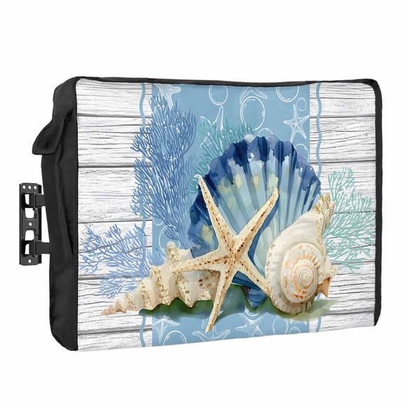 Summer Ocean Seashell Waterproof Outdoor TV Cover, Blue Sea Shell Starfish Coral Wood Grain Outside Weatherproof TV Enclosures for 30 to 32 Inch LCD Television Shield Flat Screen Protectors