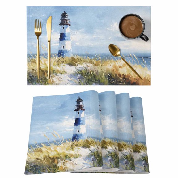 Summer Ocean Seaside Lighthouse Placemats Set of 6,Wipeable Washable Table Mats for Dining Tables, Retro Oil Painting Style Place Mats for Kitchen Event Party Tabletop Decor