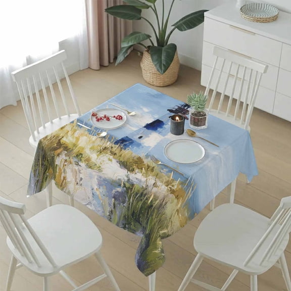 Summer Ocean Seaside Lighthouse Table Cloth 54x54in, Waterproof Square Tablecloth Wipeable Tablecloths Retro Oil Painting Style Table Covers for Dining Tables Party Indoor Outdoor