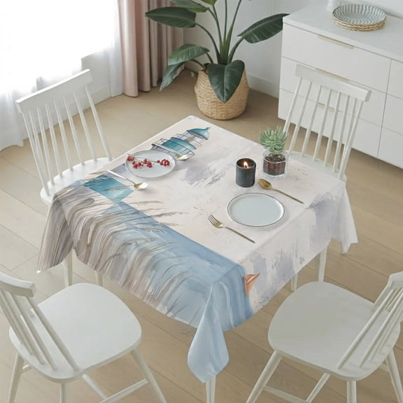 Summer Ocean Seaside Lighthouse Table Cloth 54x54in, Waterproof Square Tablecloth Wipeable Tablecloths Watercolor Blue Waves Table Covers for Dining Tables Party Indoor Outdoor