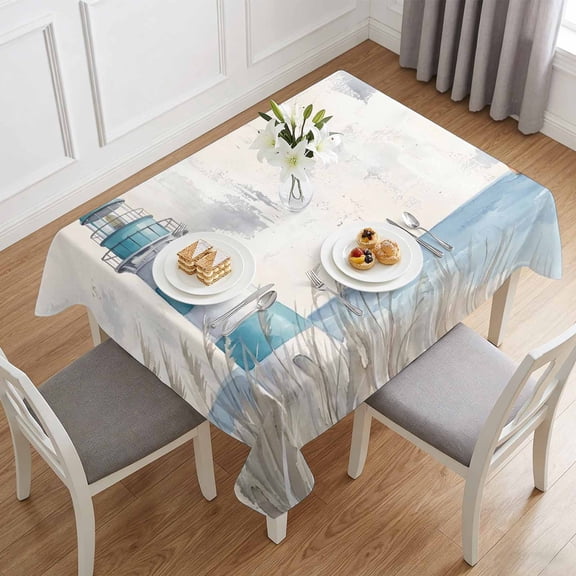 Summer Ocean Seaside Lighthouse Table Cloth 60x84in, Waterproof Rectangle Tablecloth Wipeable Tablecloths Watercolor Blue Waves Table Covers for Dining Tables Party Indoor Outdoor