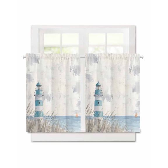 Summer Ocean Seaside Lighthouse Tier Curtain Blackout Short Rod Pocket Curtains Watercolor Blue Waves Darkening Window Drapes Small Curtain Tiers for Kitchen Cafe Bedroom,30"Wx36"L,2 Panels