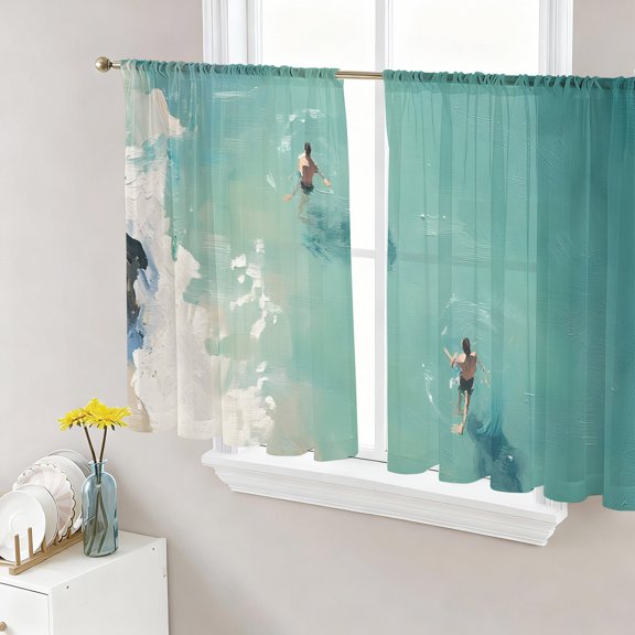 Summer Ocean Semi Sheer Curtains 54 Inch Length 2 Panels Set, Beach Coastal Nautical Blue Seaside Waves Sheer Kitchen Curtain Privacy Voile Window Curtain for Living Room Bedroom Rod Pocket Drapes