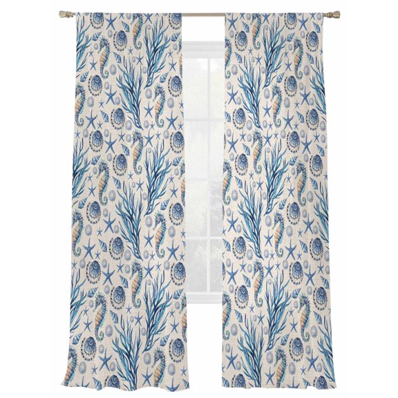 Summer Ocean Sheer Curtains 108 Inch Long 2 Panels, Seahorse Shell Starfish Linen Background Light Filtering Rod Pocket Curtains, Sheer Voile Drapes for Living Room Bedroom, 52"x108"
