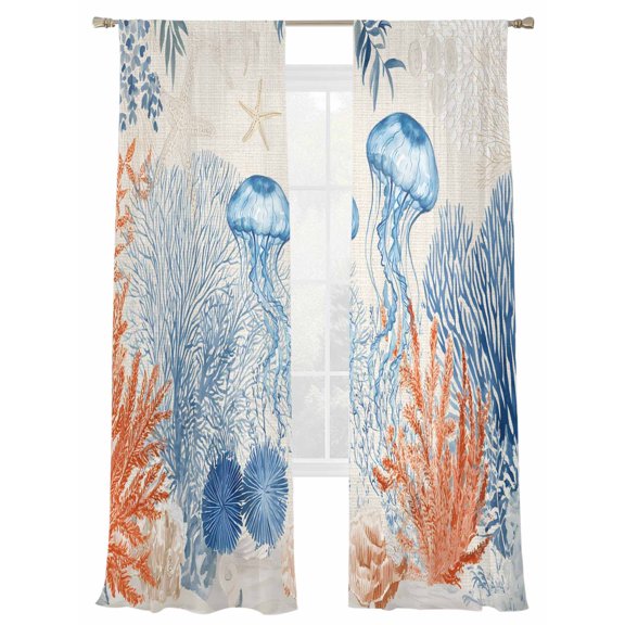 Summer Ocean Sheer Curtains 2 Panels Set Coastal Jellyfish Orange Corals Shells Retro Linen Sheer Window Curtains Light Filtering Rod Pocket Voile Drapes for Bedroom Living Room 52"X96"