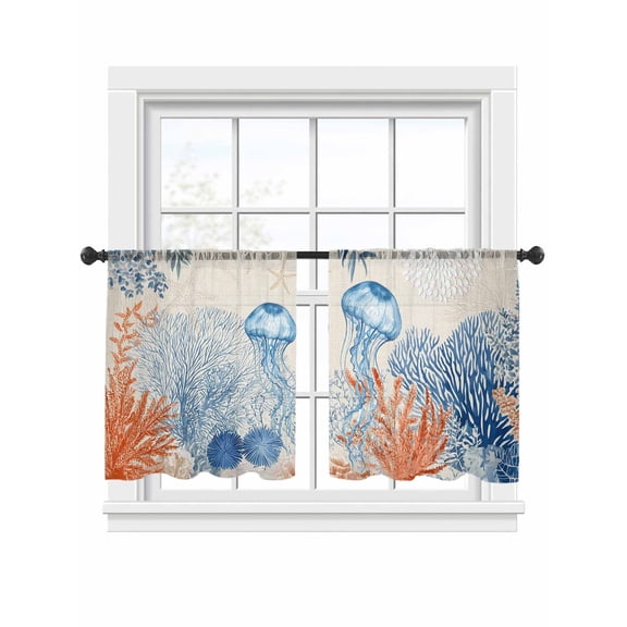 Summer Ocean Sheer Curtains 2 Panels Set Coastal Jellyfish Orange Corals Shells Retro Linen Sheer Window Curtains Light Filtering Rod Pocket Voile Drapes for Bedroom Living Room 52"x45"