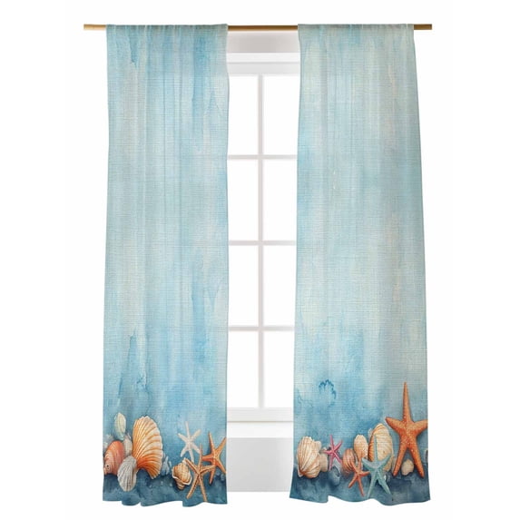 Summer Ocean Sheer Curtains 2 Panels Set Watercolor Starfish Shell Linen Texture Lihgt Filtering Rod Pocket Voile Drape, Semi Sheer Window Curtains for Bedroom Living Room, 52"x96"