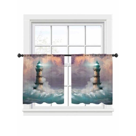 Summer Ocean Sheer Curtains 45 Inch Long 2 Panels, Brown Bright Lighthouse Sea Wave White Spray Seascape Light Filtering Rod Pocket Curtains, Sheer Voile Drapes for Living Room Bedroom, 52"x45"