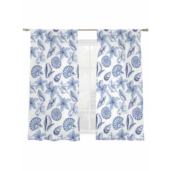 Summer Ocean Sheer Curtains 63 Inch Long 2 Panels, Blue Retro Starfish Shell Conch Light Filtering Rod Pocket Curtains, Sheer Voile Drapes for Living Room Bedroom, 52"x63"