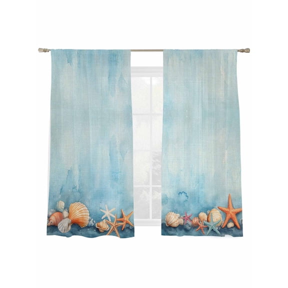 Summer Ocean Sheer Curtains 63 Inch Long 2 Panels, Watercolor Starfish Shell Linen Texture Light Filtering Rod Pocket Semi Sheer Curtains, Sheer Voile Drapes for Living Room Bedroom, 52"x63"
