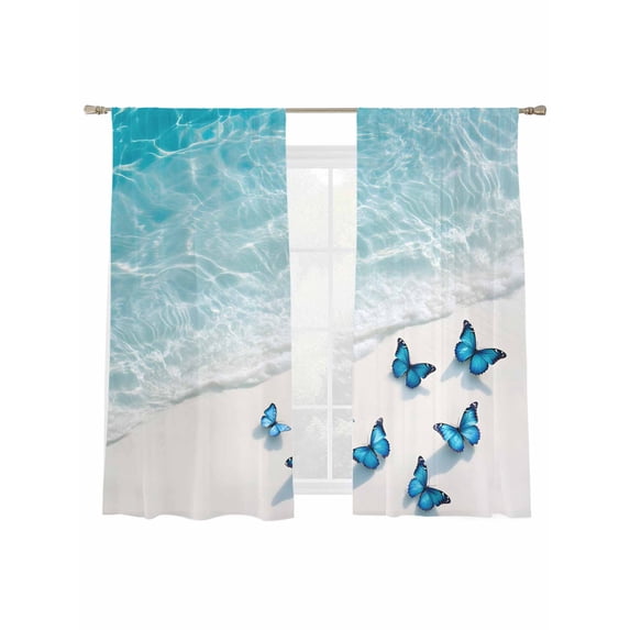 Summer Ocean Sheer Curtains 72 Inch Long 2 Panels, Beach Nautical Blue Butterfly Bug Light Filtering Rod Pocket Curtains, Sheer Voile Drapes for Living Room Bedroom, 52"x72"