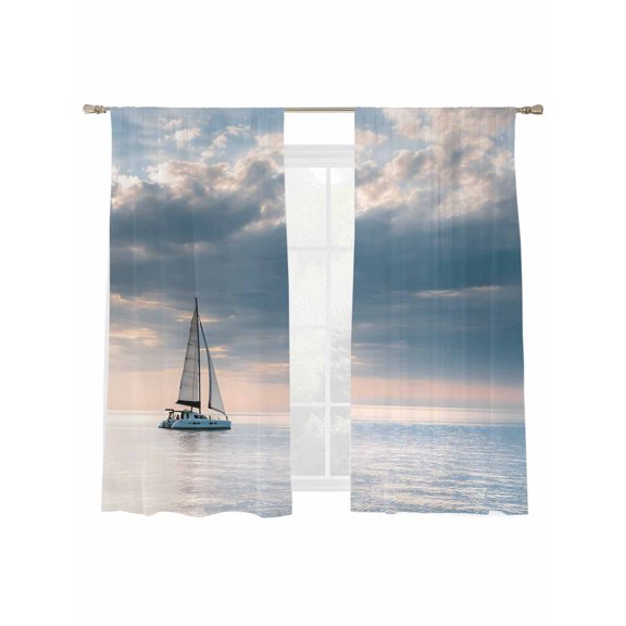Summer Ocean Sheer Curtains 72 Inch Long 2 Panels, Blue Sea Sky Dark Cloud Nautical Sailboat Seascape Light Filtering Rod Pocket Curtains, Sheer Voile Drapes for Living Room Bedroom, 52"x72"