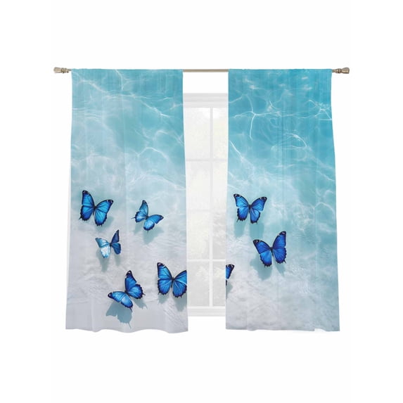 Summer Ocean Sheer Curtains 72 Inch Long 2 Panels, Nautical Blue Butterfly Beach Bug Light Filtering Rod Pocket Curtains, Sheer Voile Drapes for Living Room Bedroom, 52"x72"