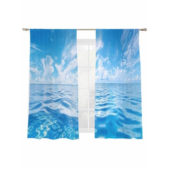 Summer Ocean Sheer Curtains 72 Inch Long 2 Panels, Seawater White Clouds Blue Sky Light Filtering Rod Pocket Curtains, Sheer Voile Drapes for Living Room Bedroom, 52"x72"