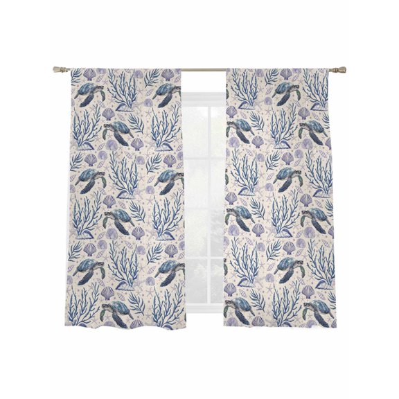 Summer Ocean Sheer Curtains 72 Inch Long 2 Panels, Turtle Starfish Coral Shell Linen Background Light Filtering Rod Pocket Curtains, Sheer Voile Drapes for Living Room Bedroom, 52"x72"