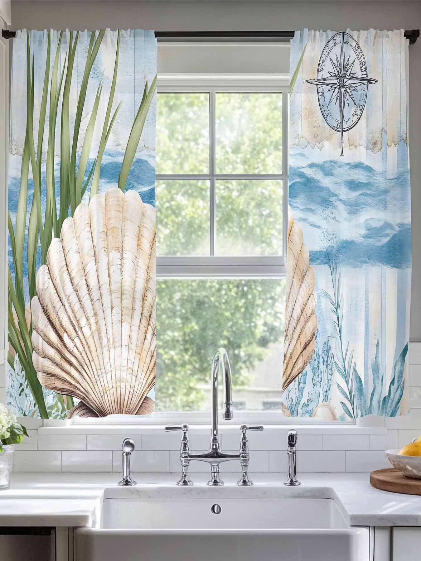 Room Window Shell Summer Ocean Sheer Curtains for Living Room Bedroom Nautical Sea Shell ...