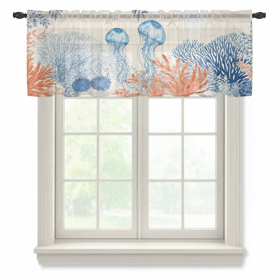 Summer Ocean Sheer Valances for Windows, Coastal Jellyfish Orange Corals Shells Retro Linen Semi Sheer Kitchen Valance Rod Pocket Small Voile Window Curtains for Living Room Bedroom 42 x 18 Inch